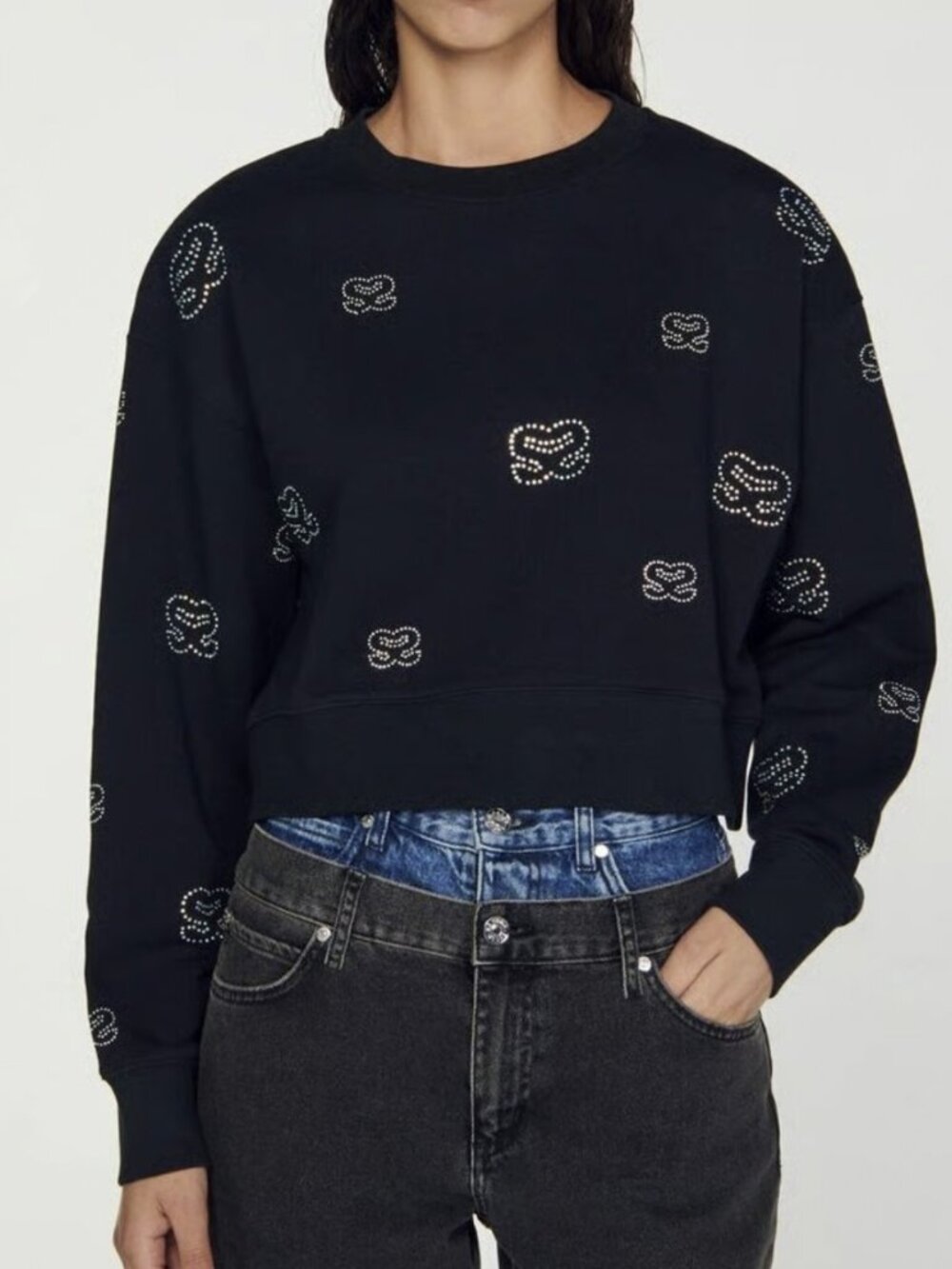 Sandro Over Rhinestone Embellished Cotton Crop Sweatshirt in Black size 1